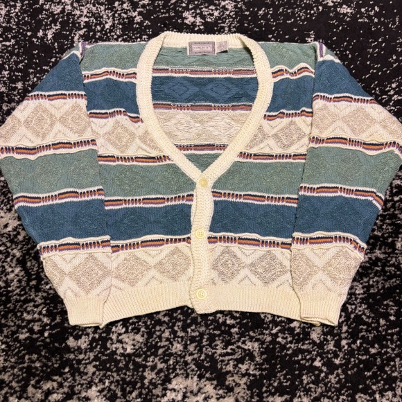 Concrete Mix Sweaters - Vintage Concrete Mix Geometric Striped Cardigan Sweater Teal Cream Large